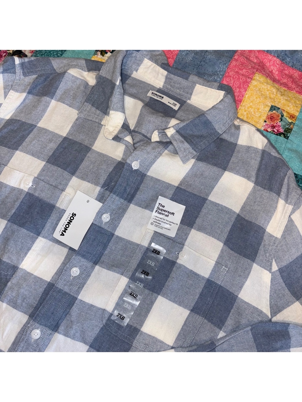 Sonoma New Supersoft $30 Men’s 2XB Flannel Button-Up Shirt Blue and White Check - Picture 2 of 9